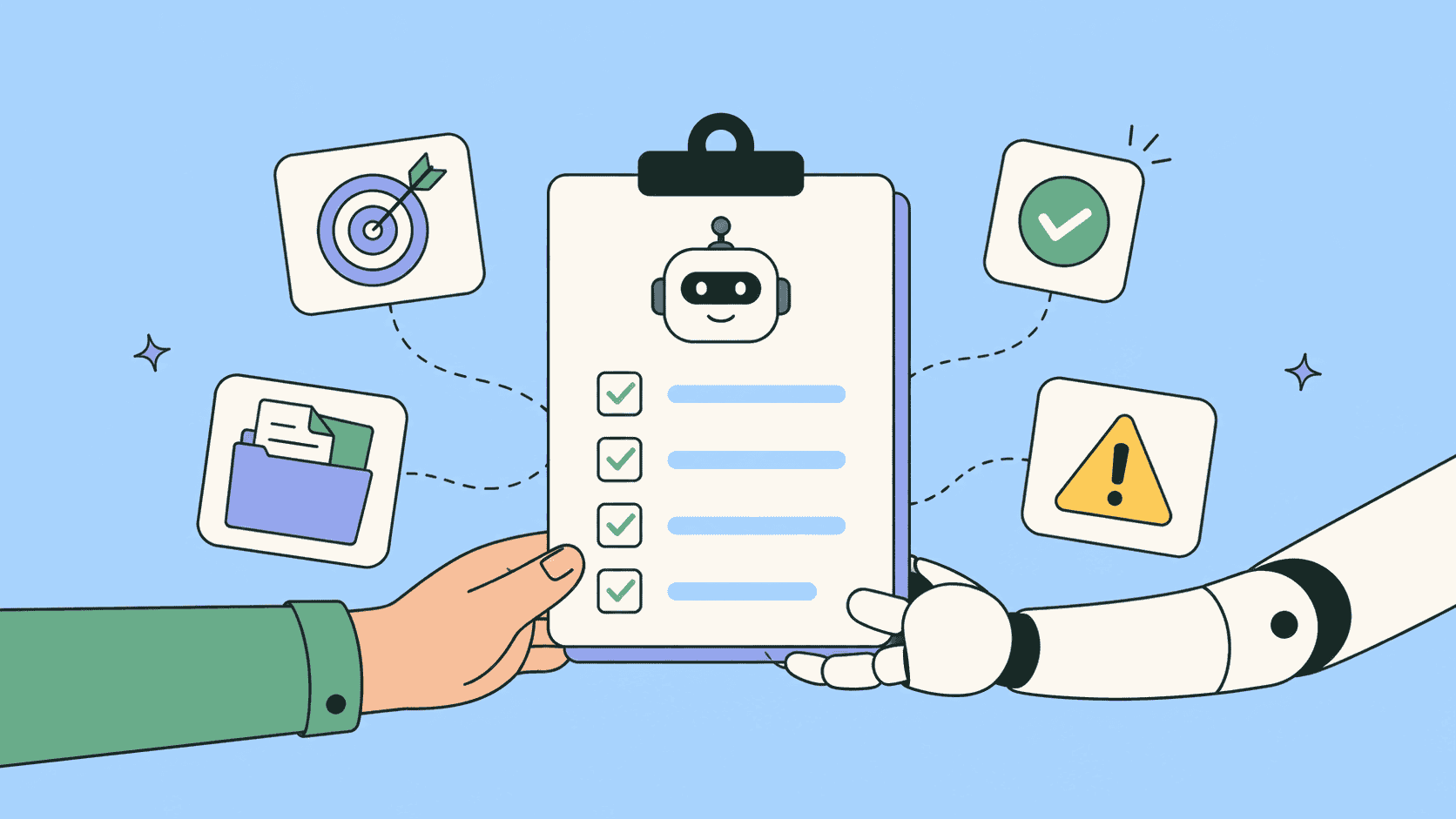 Human and robot hands holding an agent brief checklist clipboard